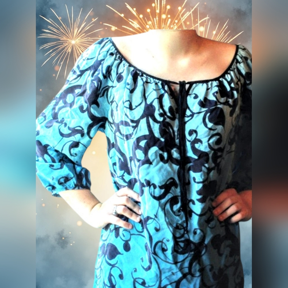 100% Silk Blue Ombré Swirl Longline Tunic Top Size Large●